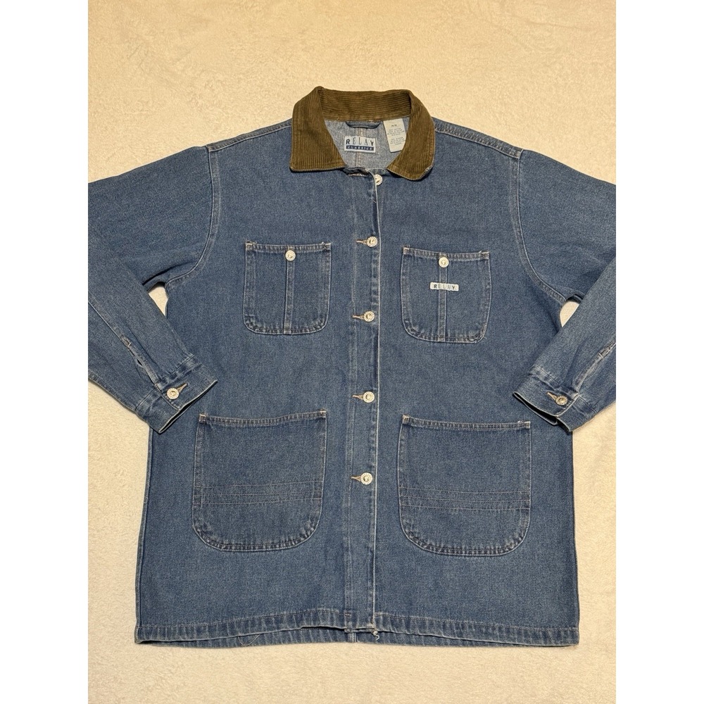 Vintage Relay Classics Denim Chore Jacket Medium Blue Corduroy Collar Barn Coat